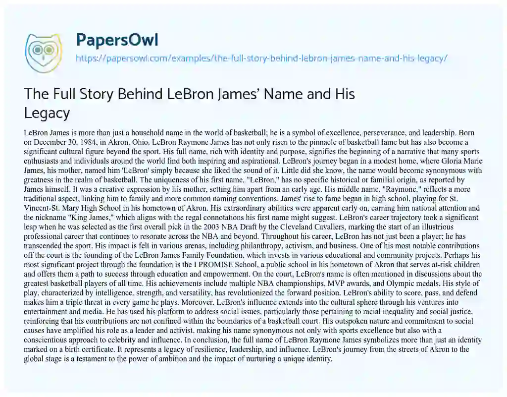 Essay on The Full Story Behind LeBron James’ Name and his Legacy