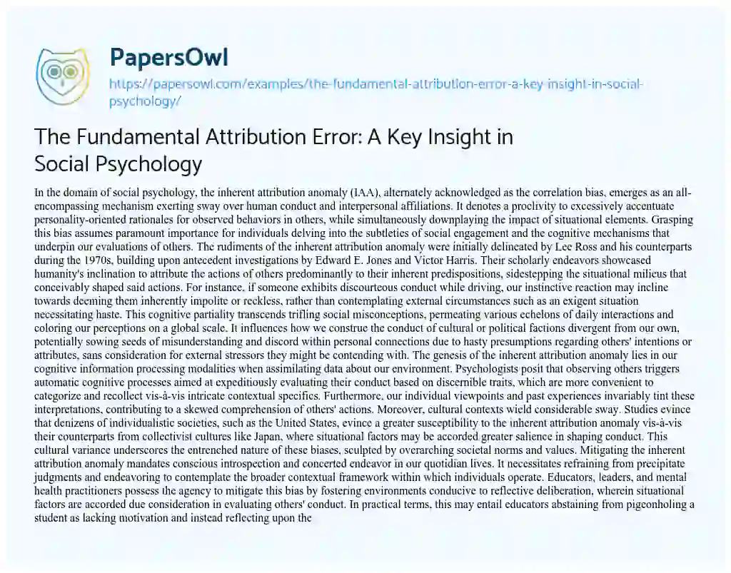 Essay on The Fundamental Attribution Error: a Key Insight in Social Psychology