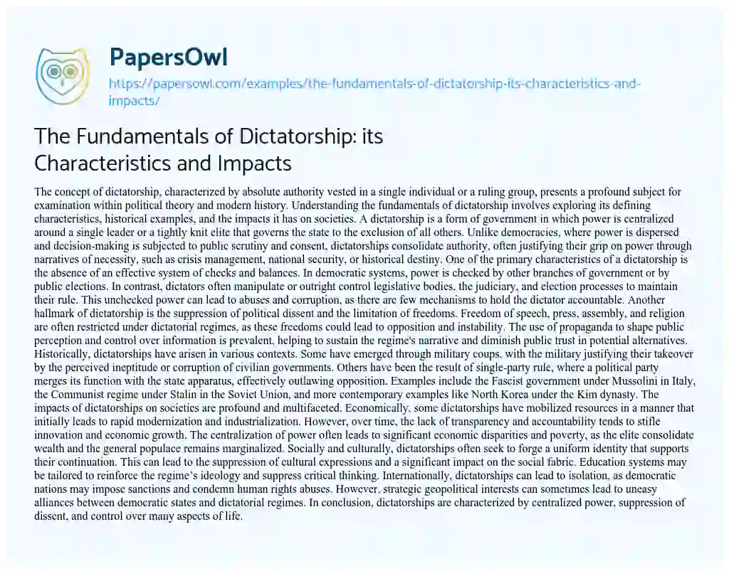 Essay on The Fundamentals of Dictatorship: its Characteristics and Impacts