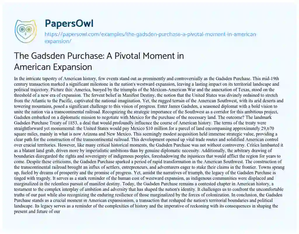 Essay on The Gadsden Purchase: a Pivotal Moment in American Expansion