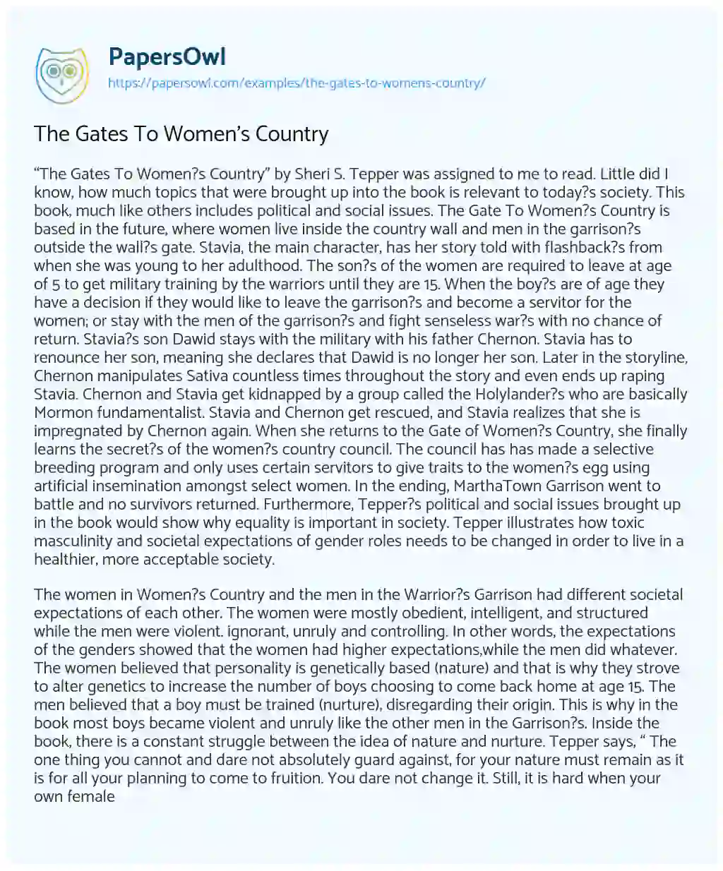 Essay on The Gates to Women’s Country