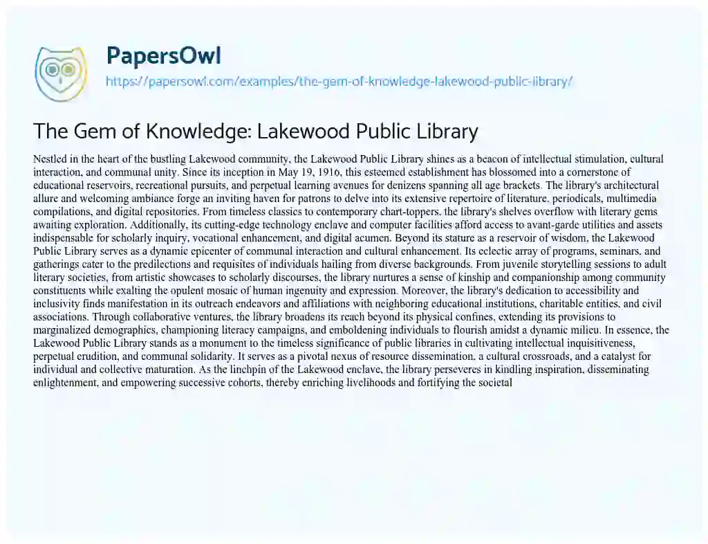 Essay on The Gem of Knowledge: Lakewood Public Library