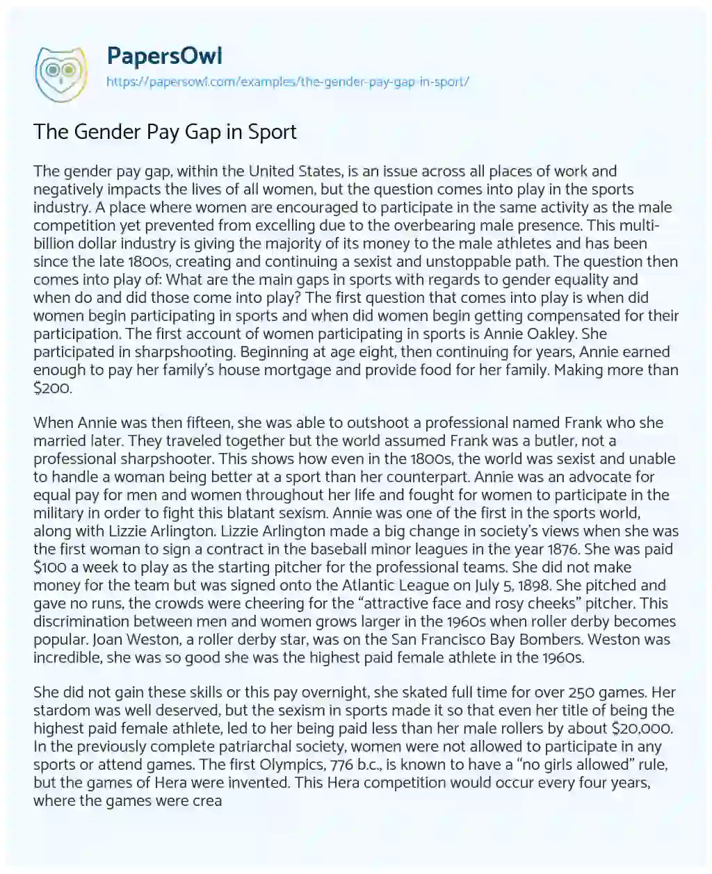 Essay on The Gender Pay Gap in Sport