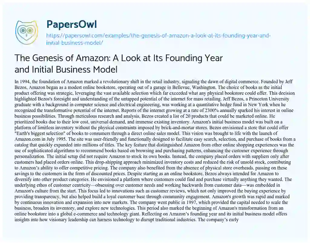 Essay on The Genesis of Amazon: a Look at its Founding Year and Initial Business Model