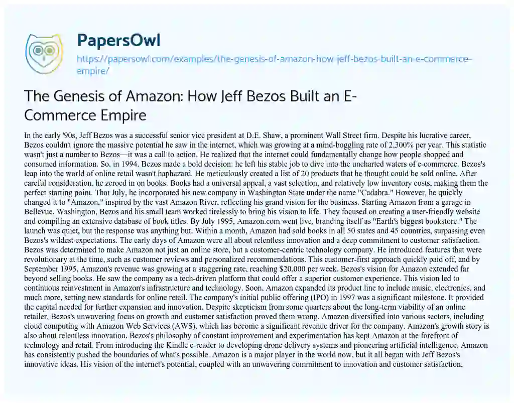Essay on The Genesis of Amazon: how Jeff Bezos Built an E-Commerce Empire