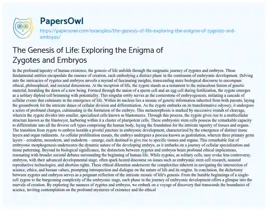 Essay on The Genesis of Life: Exploring the Enigma of Zygotes and Embryos