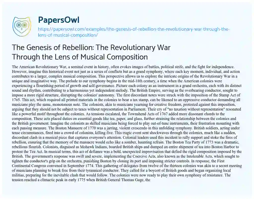 Essay on The Genesis of Rebellion: the Revolutionary War through the Lens of Musical Composition