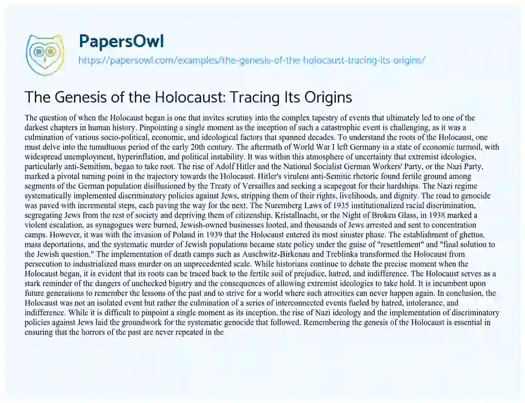 Essay on The Genesis of the Holocaust: Tracing its Origins