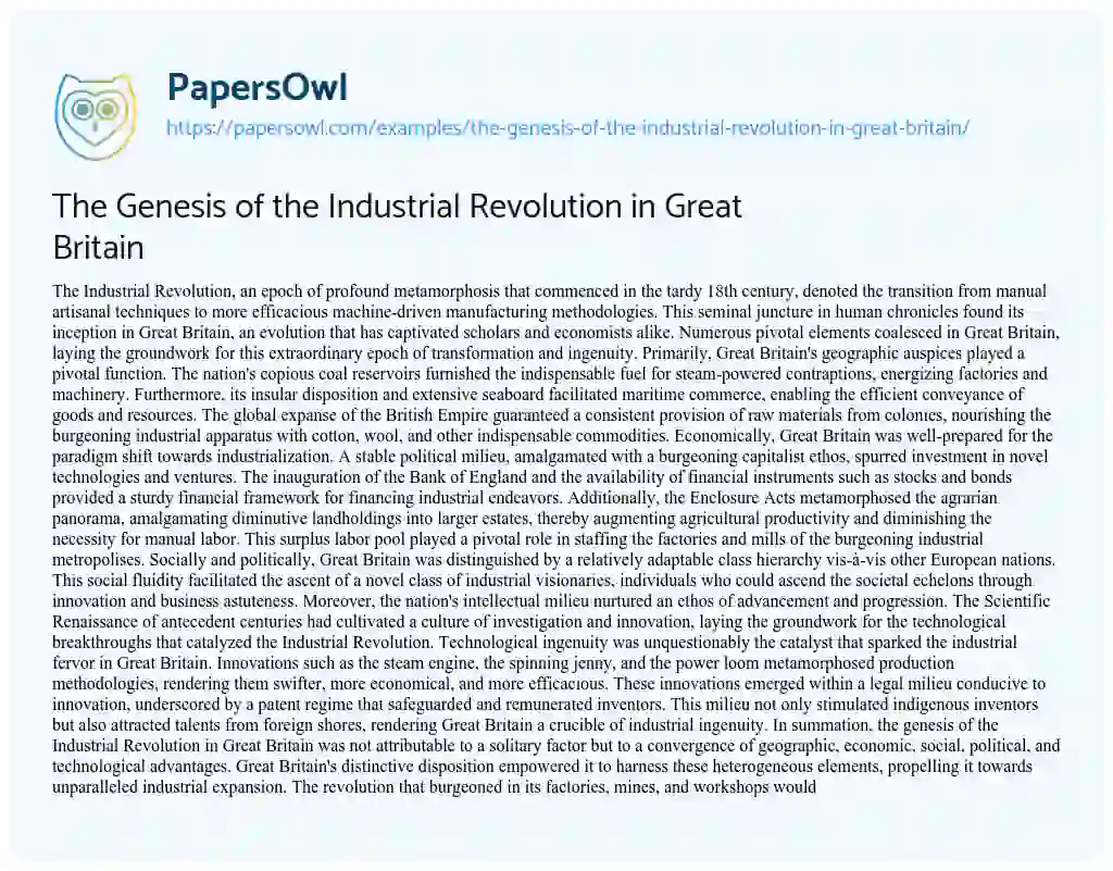 Essay on The Genesis of the Industrial Revolution in Great Britain