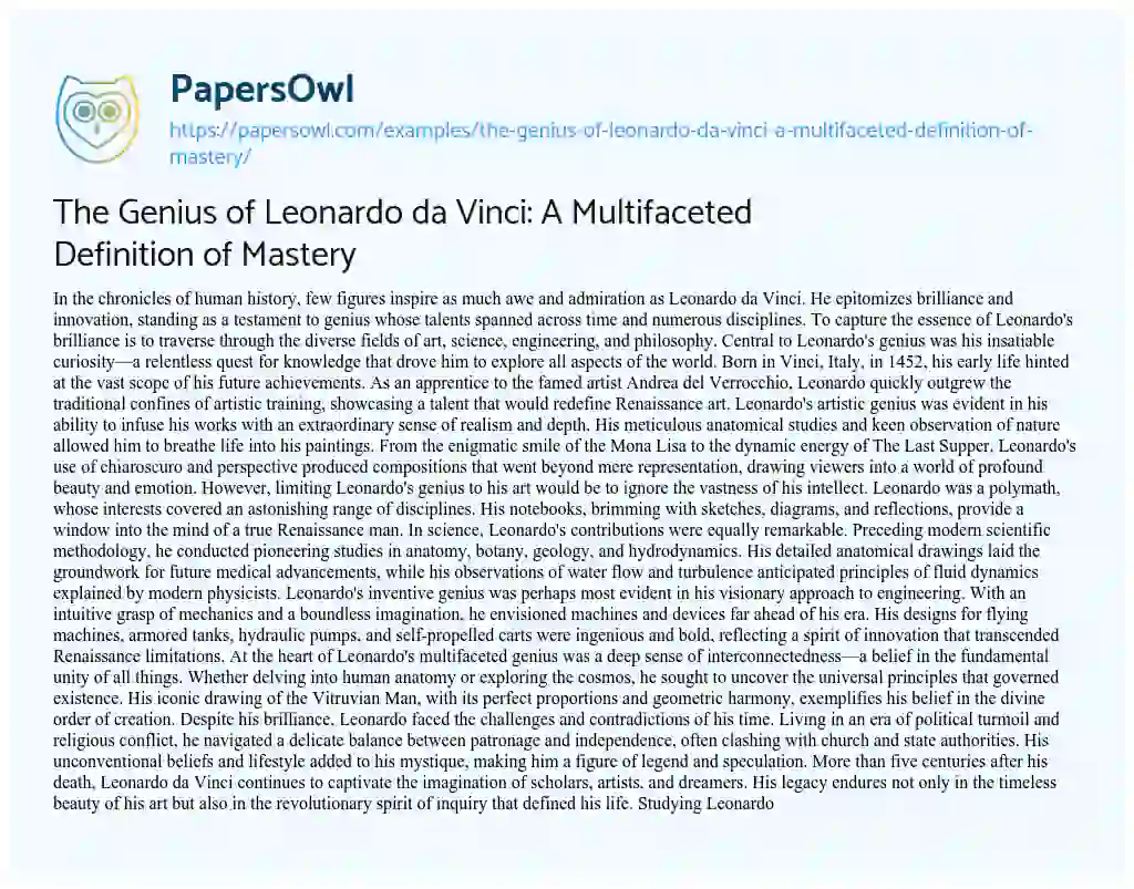 Essay on The Genius of Leonardo Da Vinci: a Multifaceted Definition of Mastery