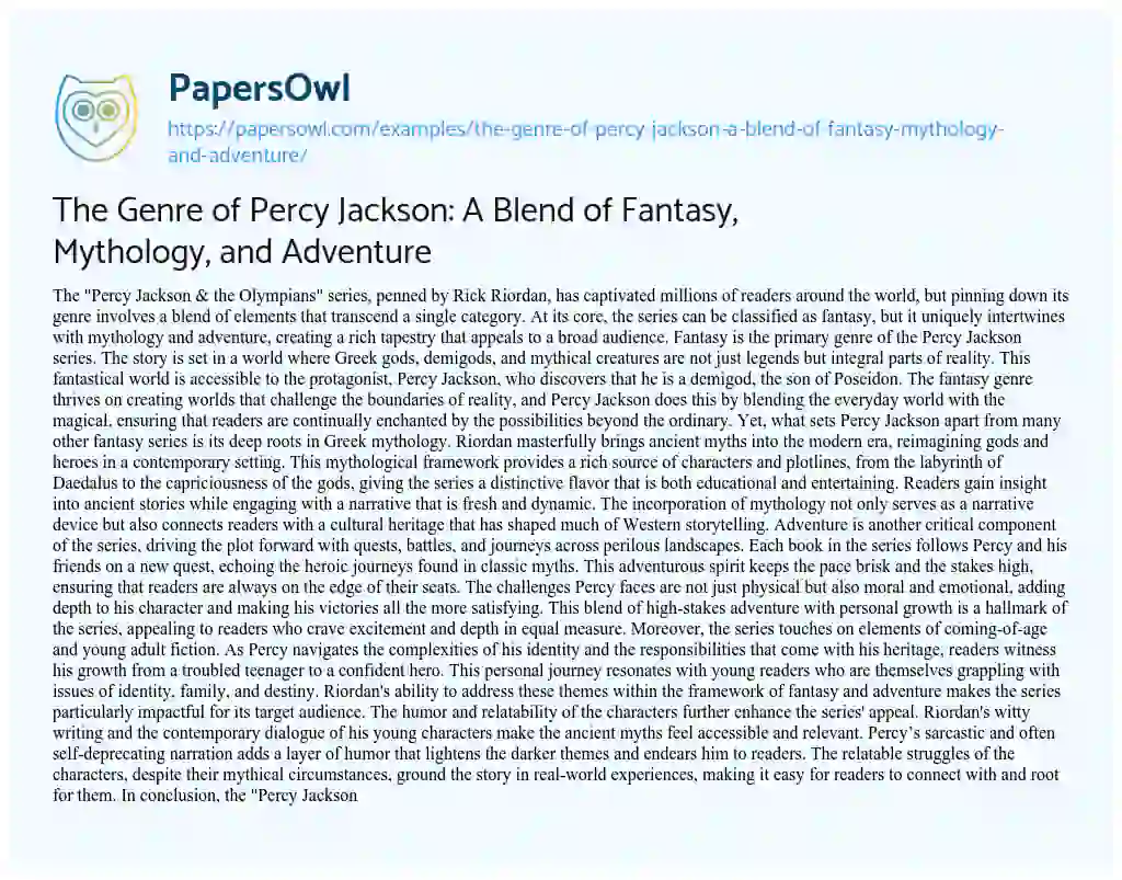 Essay on The Genre of Percy Jackson: a Blend of Fantasy, Mythology, and Adventure