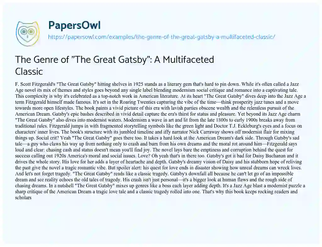 Essay on The Genre of “The Great Gatsby”: a Multifaceted Classic