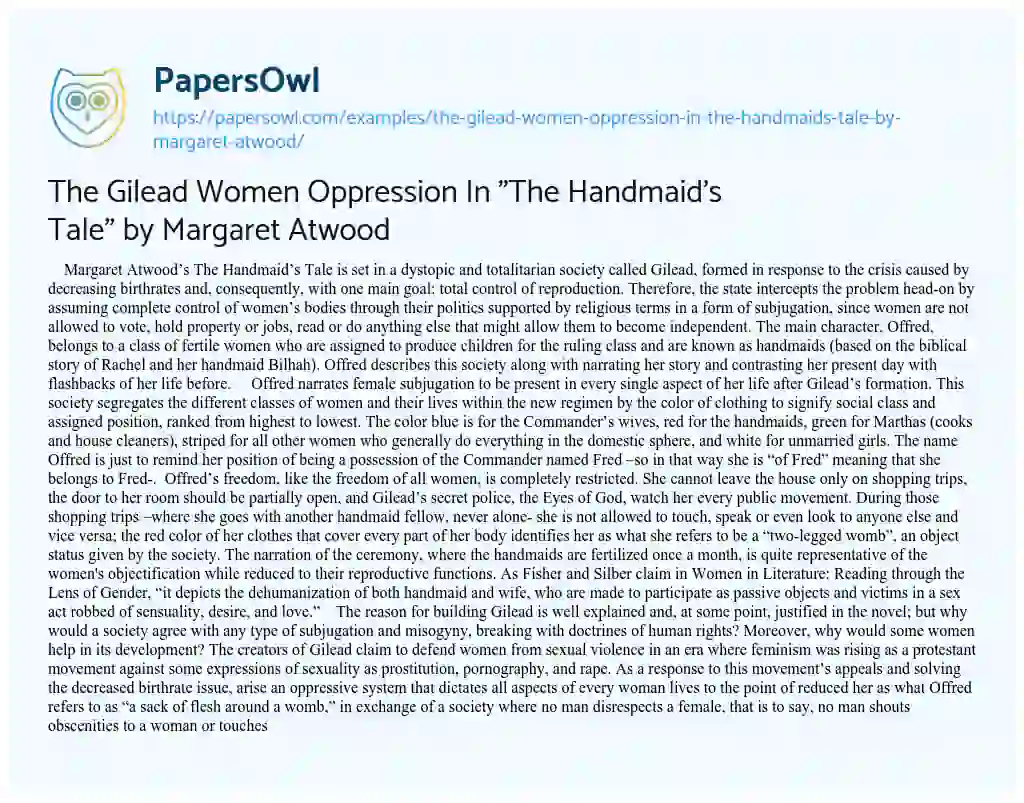 Essay on The Gilead Women Oppression in “The Handmaid’s Tale” by Margaret Atwood