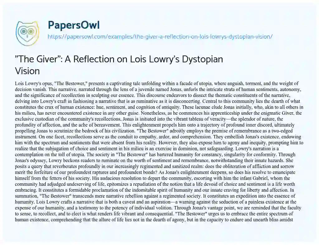 Essay on “The Giver”: a Reflection on Lois Lowry’s Dystopian Vision