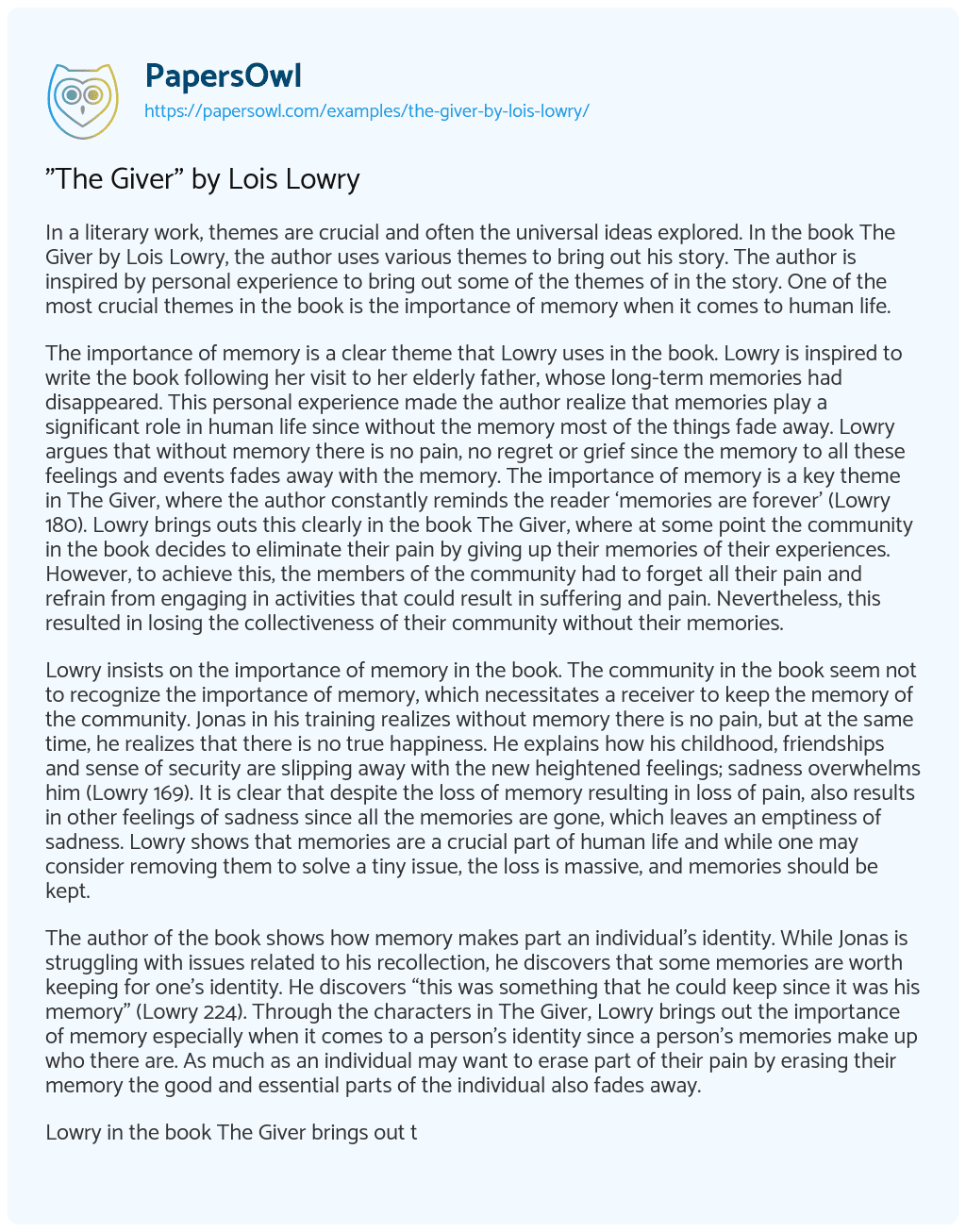 “The Giver” by Lois Lowry “The Giver” by Lois Lowry essay