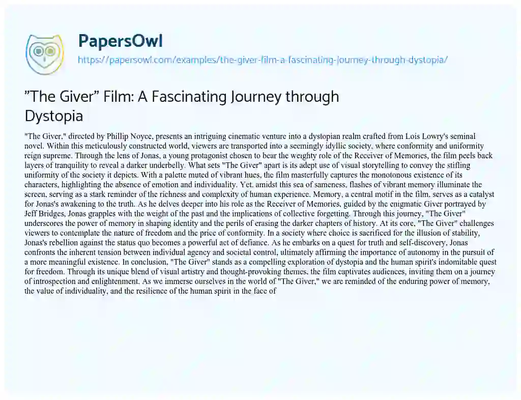 Essay on “The Giver” Film: a Fascinating Journey through Dystopia
