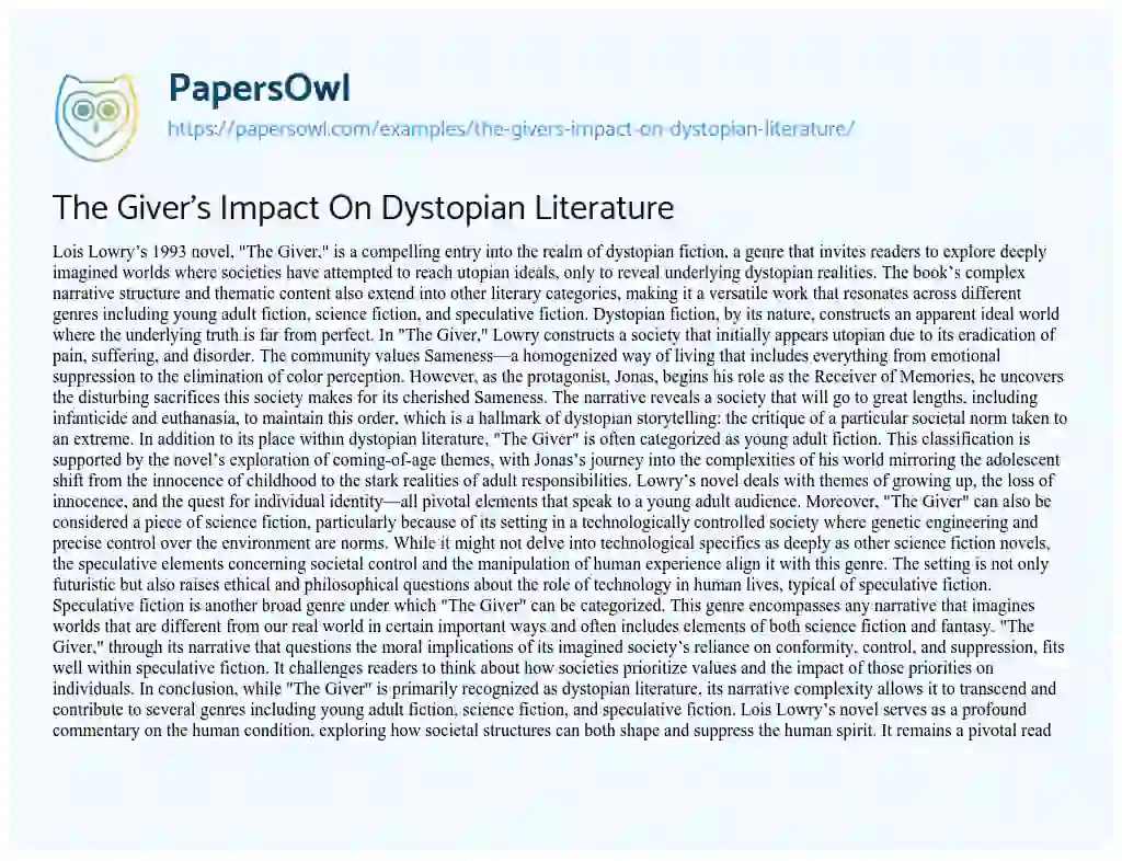 Essay on The Giver’s Impact On Dystopian Literature