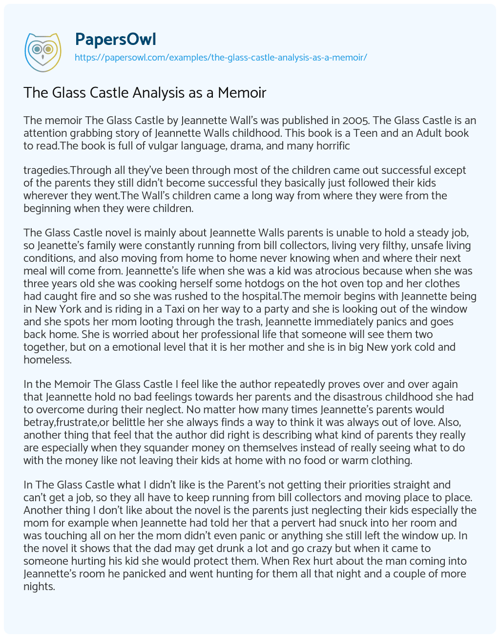 Essay on The Glass Castle Analysis as a Memoir