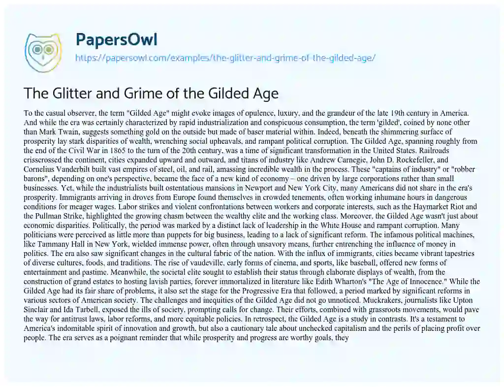 Essay on The Glitter and Grime of the Gilded Age
