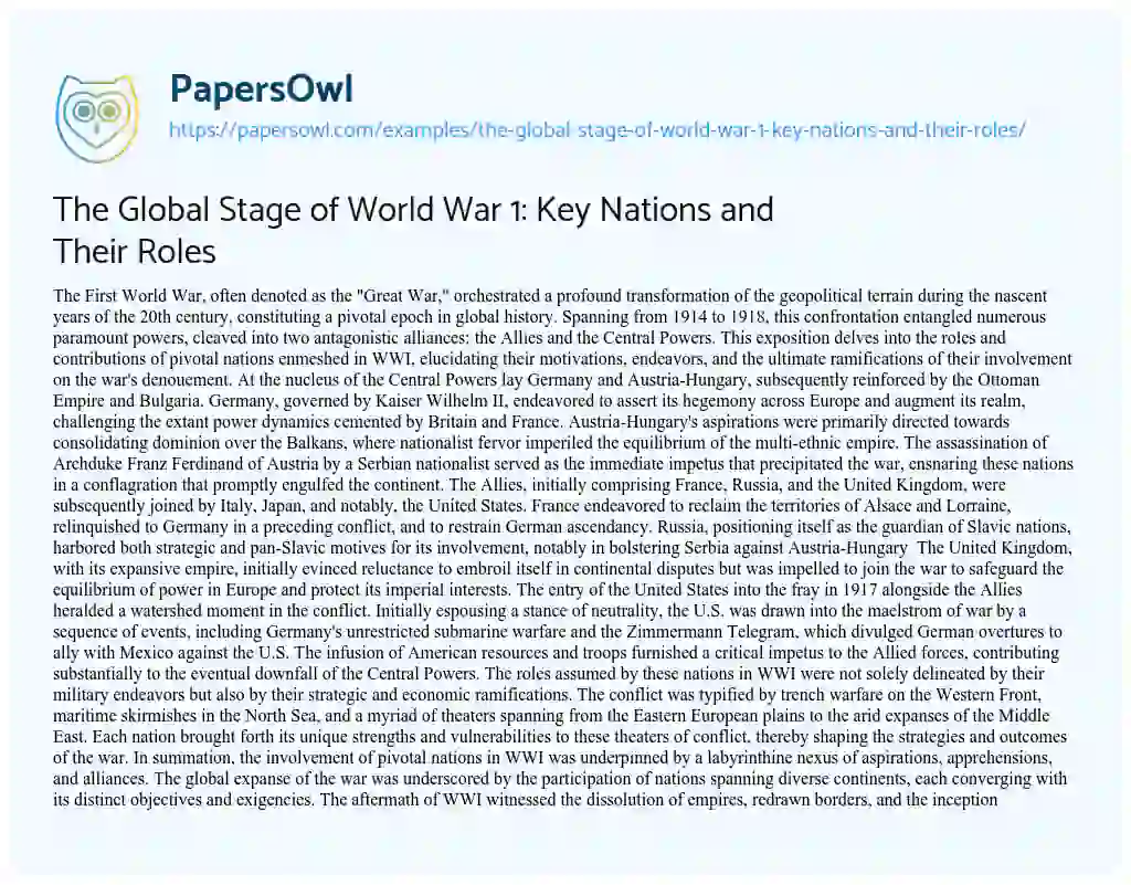 Essay on The Global Stage of World War 1: Key Nations and their Roles
