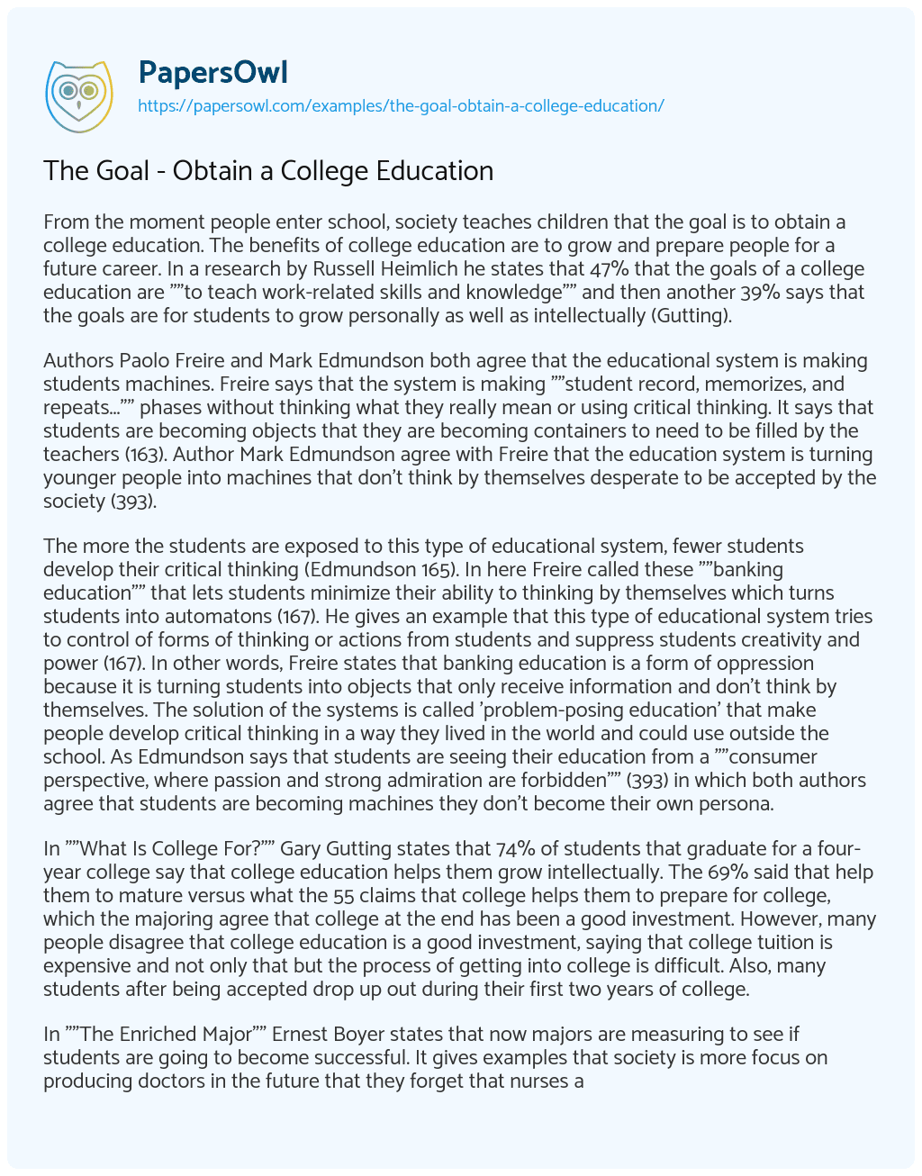Essay on The Goal – Obtain a College Education