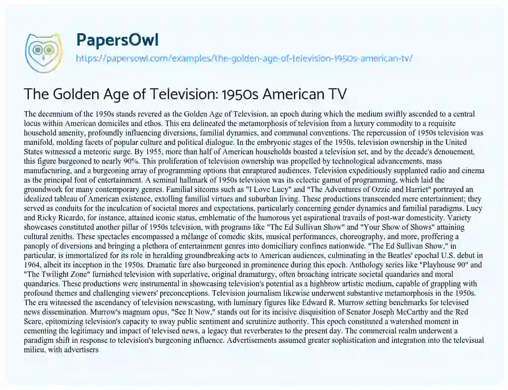 Essay on The Golden Age of Television: 1950s American TV