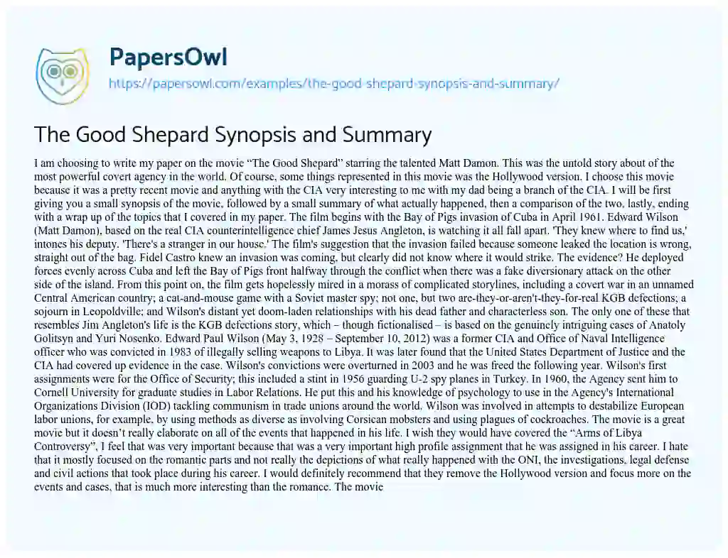 Essay on The Good Shepard Synopsis and Summary