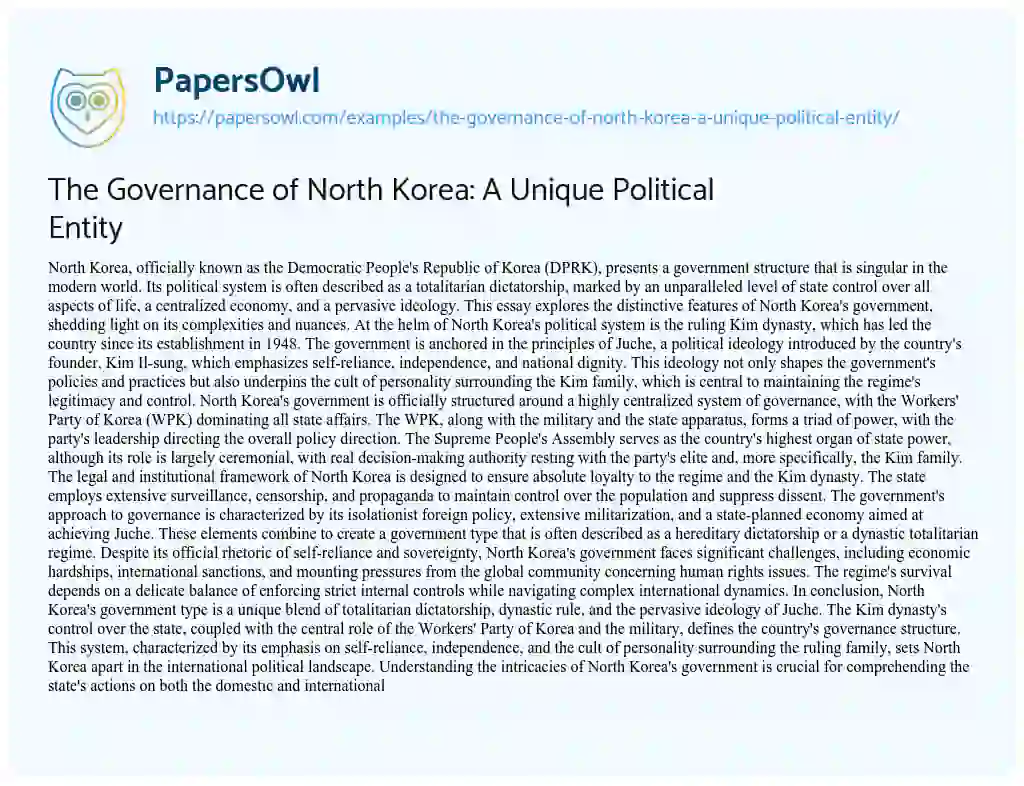 Essay on The Governance of North Korea: a Unique Political Entity