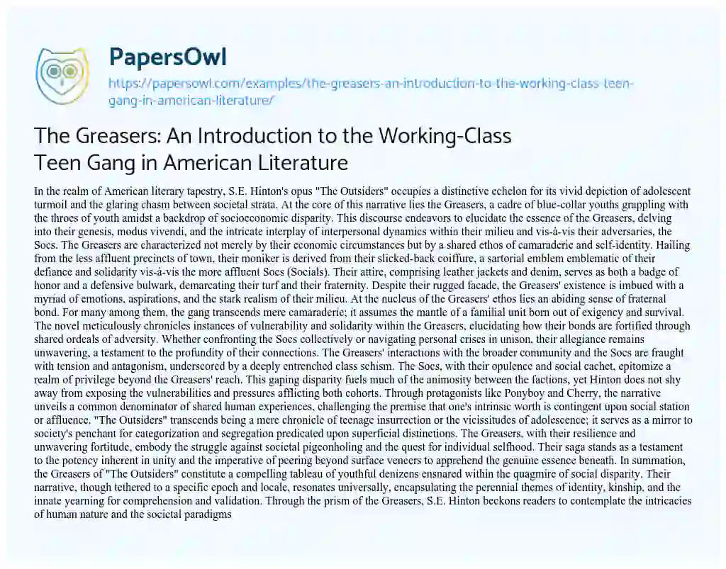 Essay on The Greasers: an Introduction to the Working-Class Teen Gang in American Literature