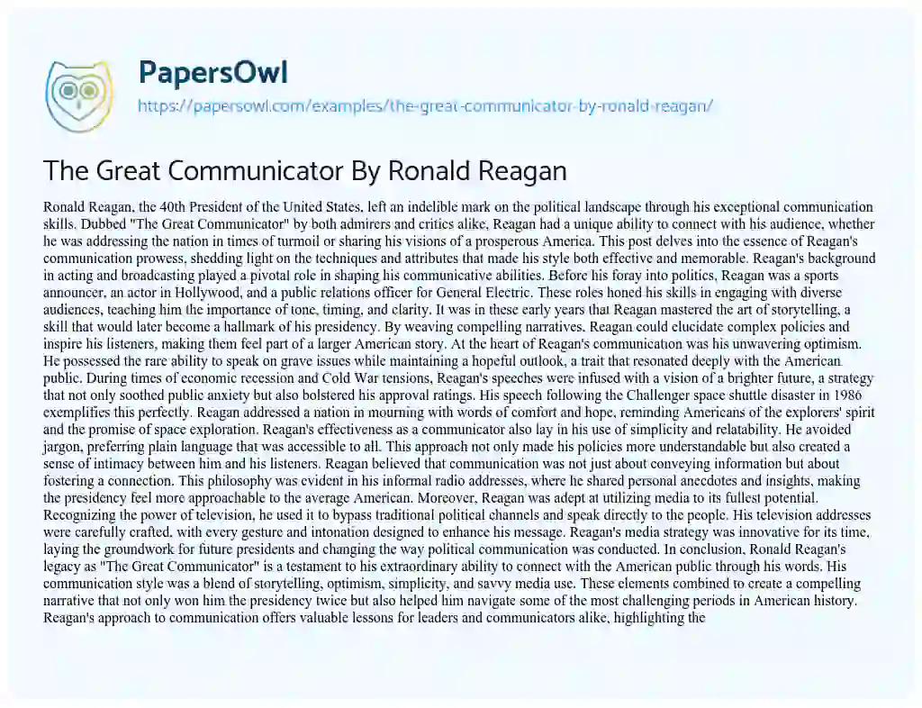 Essay on The Great Communicator by Ronald Reagan