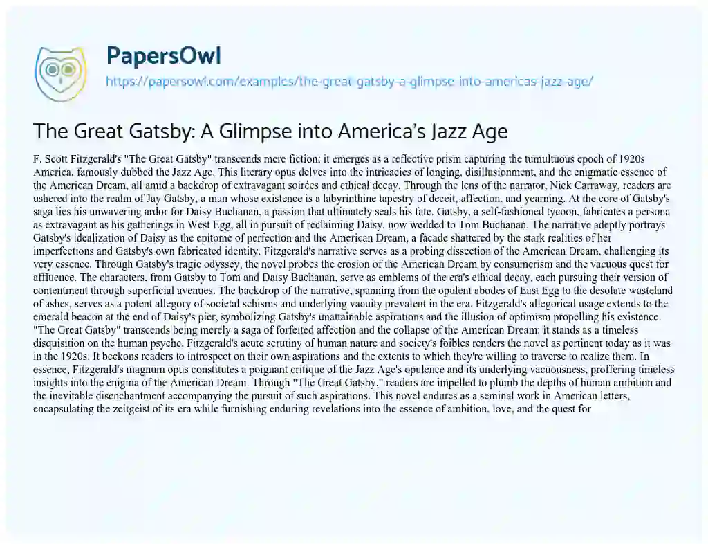 Essay on The Great Gatsby: a Glimpse into America’s Jazz Age