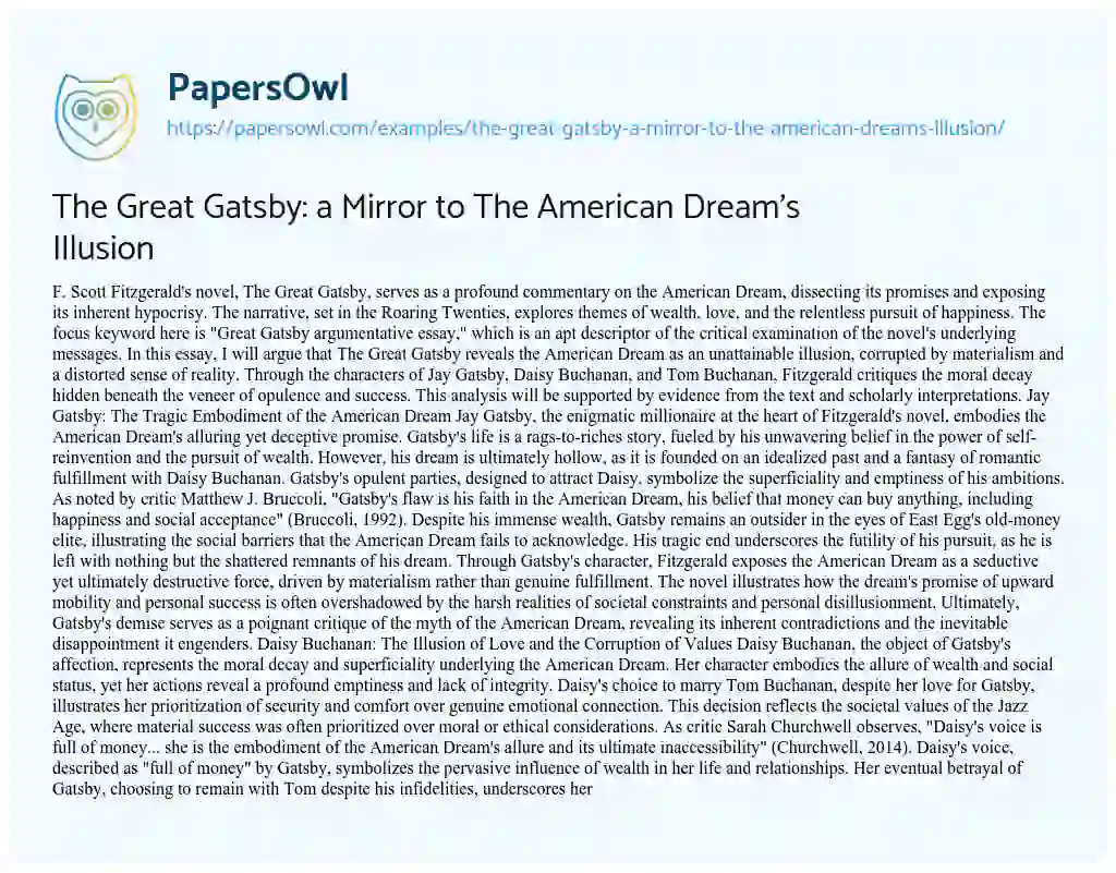 Essay on The Great Gatsby: a Mirror to The American Dream’s Illusion