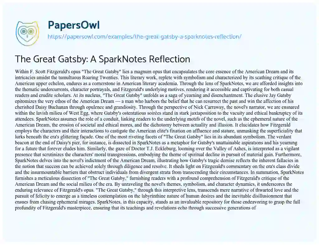 Essay on The Great Gatsby: a SparkNotes Reflection