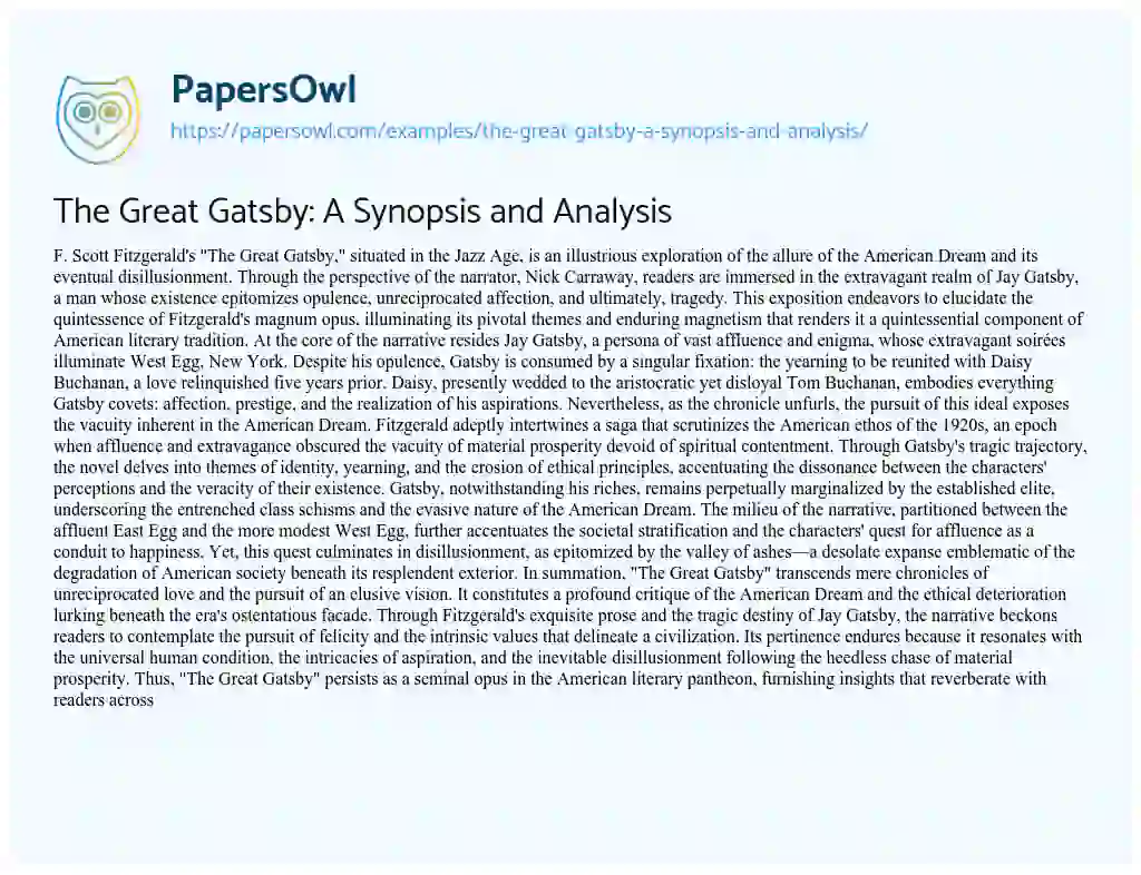 Essay on The Great Gatsby: a Synopsis and Analysis