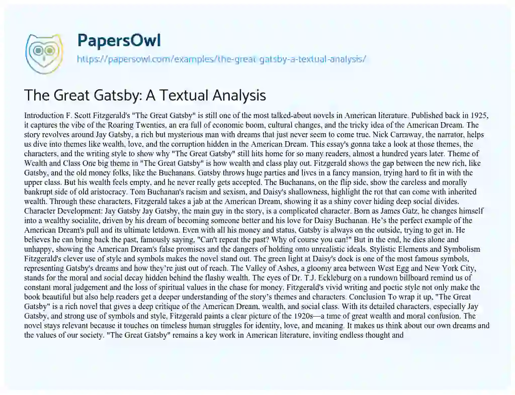 Essay on The Great Gatsby: a Textual Analysis