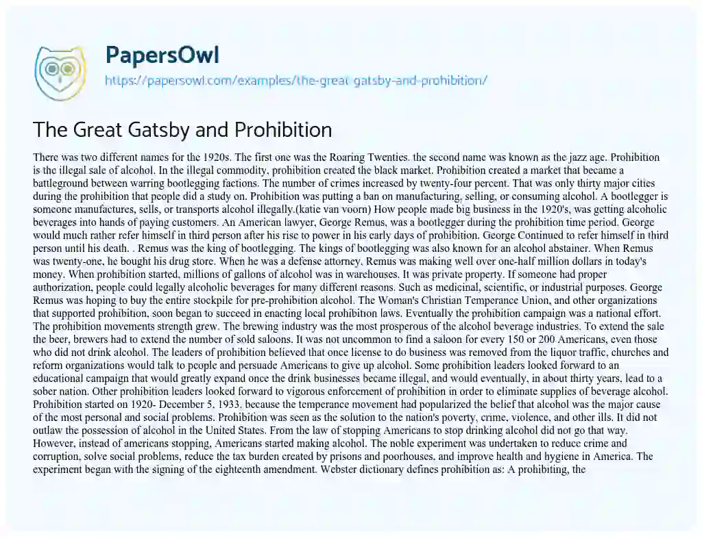 The Great Gatsby and Prohibition essay
