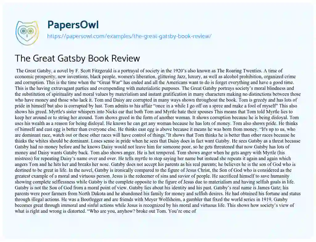Essay on The Great Gatsby Book Review