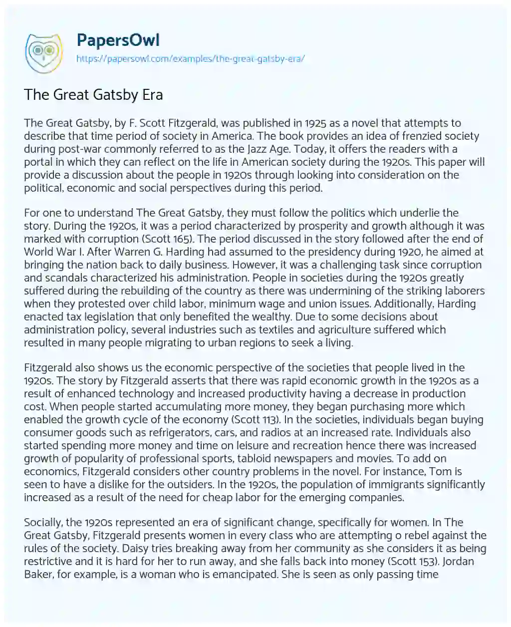 Essay on The Great Gatsby Era