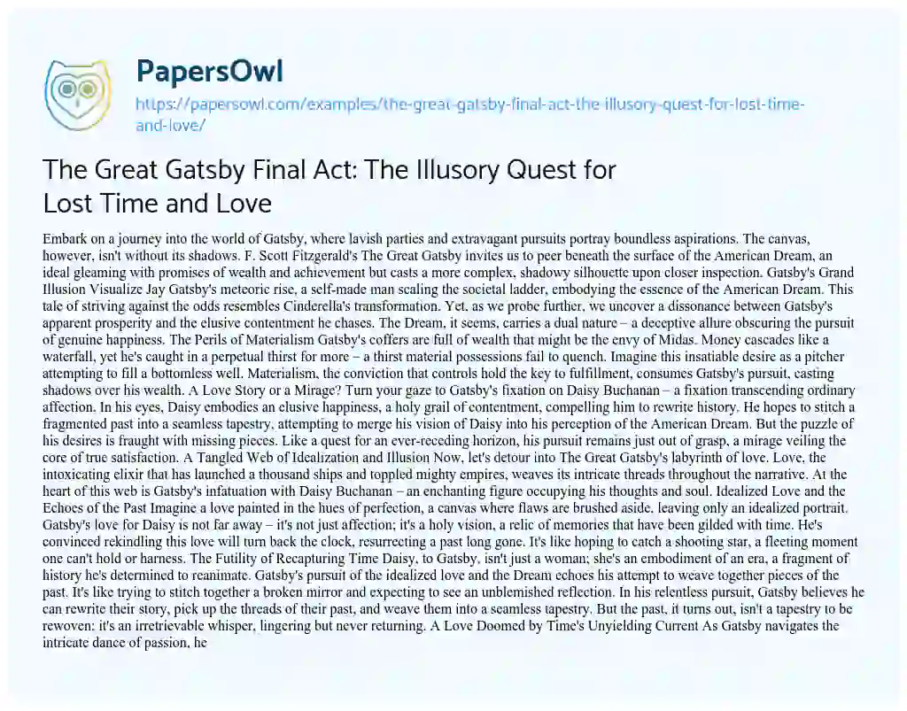 Essay on The Great Gatsby Final Act: the Illusory Quest for Lost Time and Love