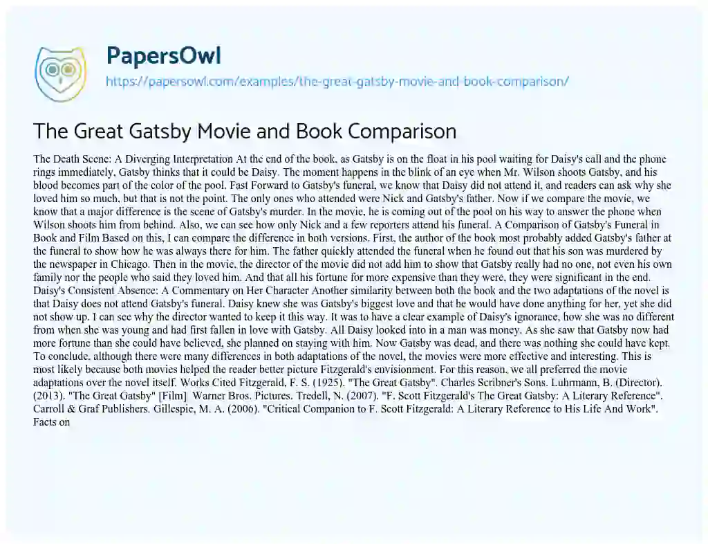 Essay on The Great Gatsby Movie and Book Comparison