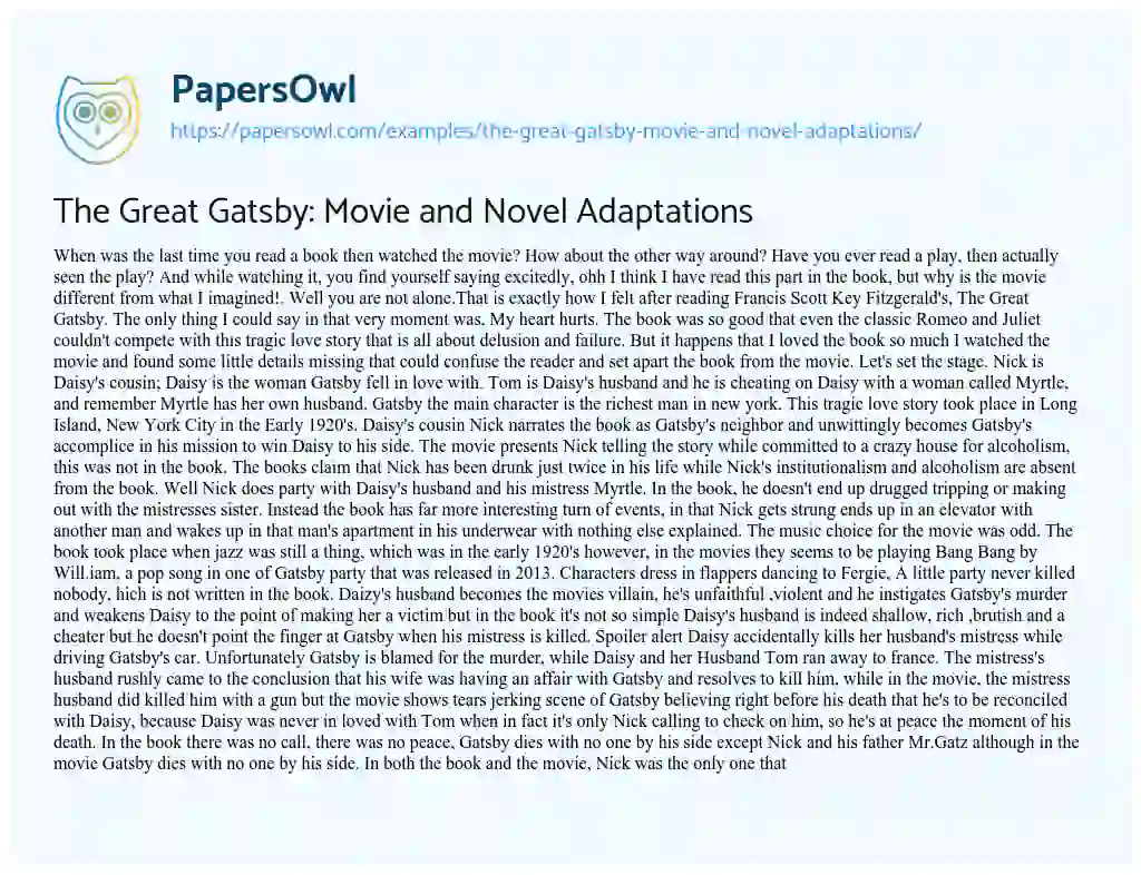 Essay on The Great Gatsby: Movie and Novel Adaptations