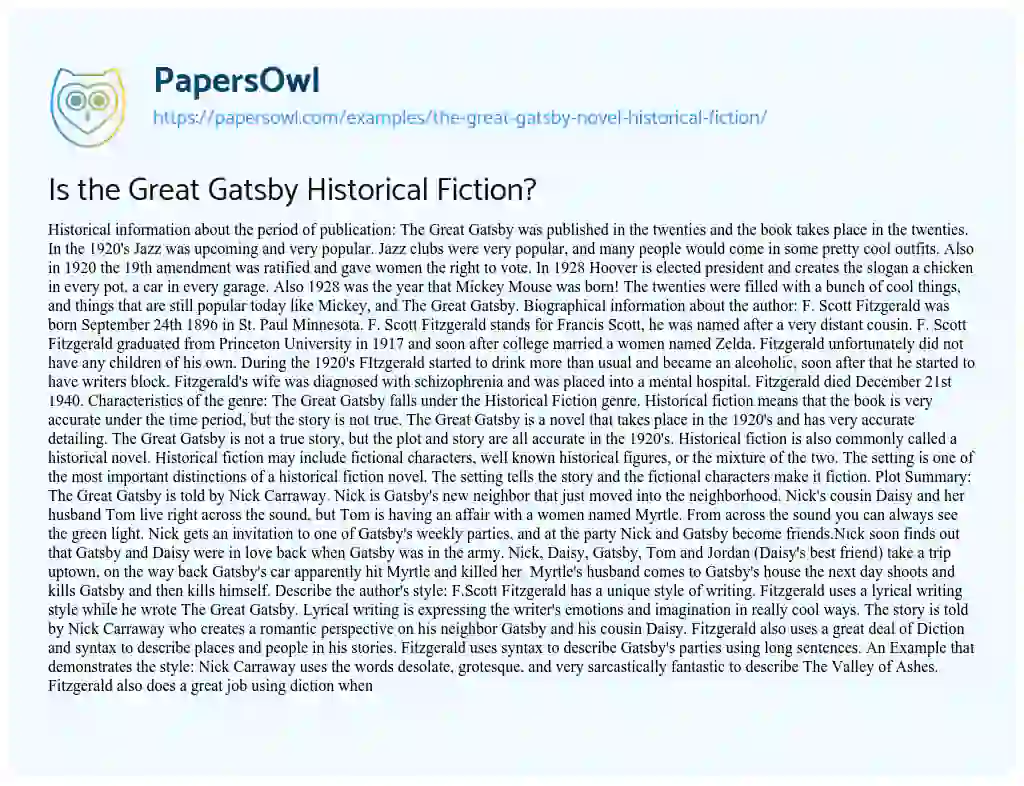 Is the Great Gatsby Historical Fiction? essay