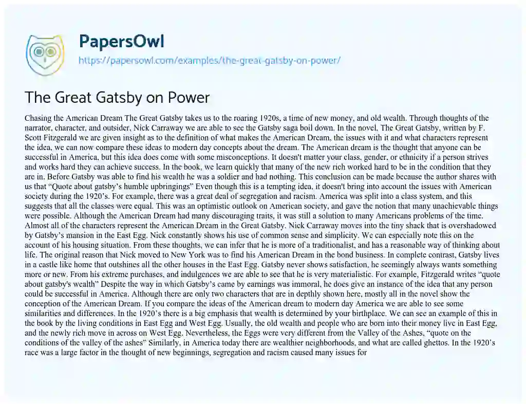 Essay on The Great Gatsby on Power