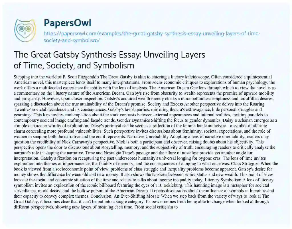 Essay on The Great Gatsby Synthesis Essay: Unveiling Layers of Time, Society, and Symbolism