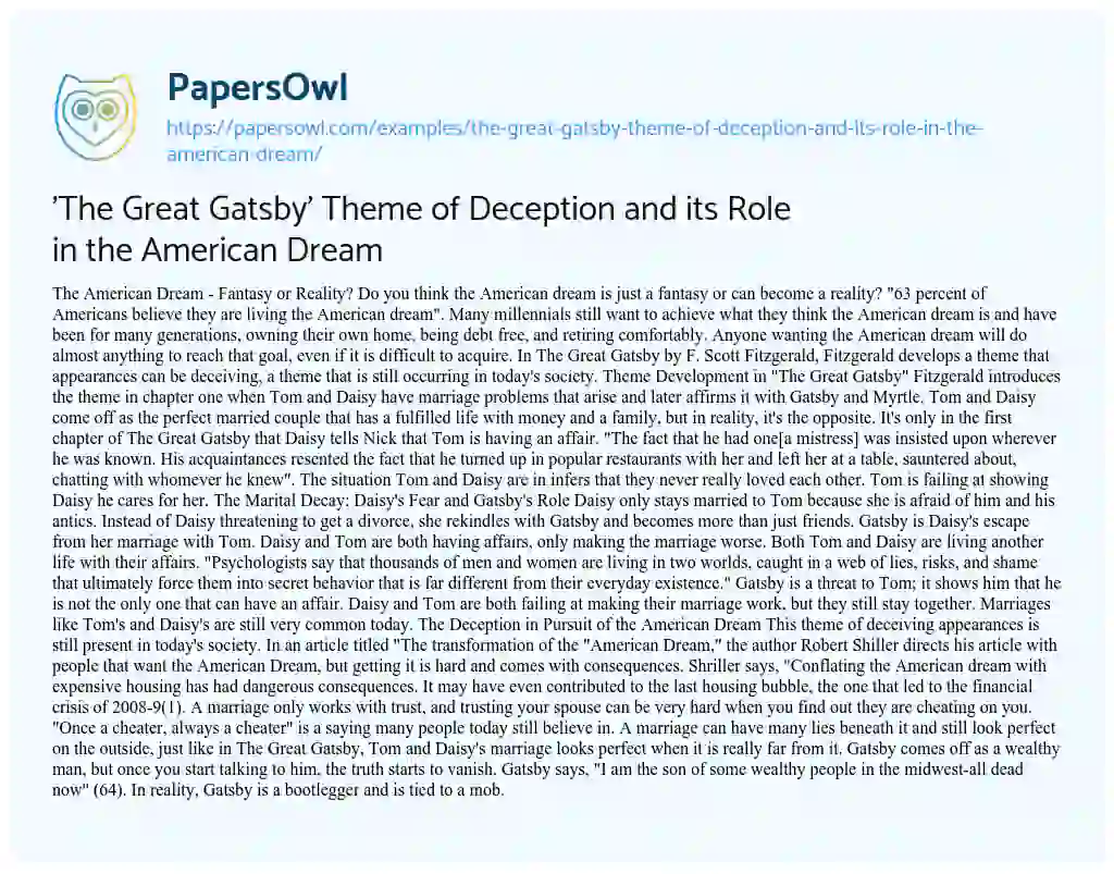 Essay on ‘The Great Gatsby’ Theme of Deception and its Role in the American Dream