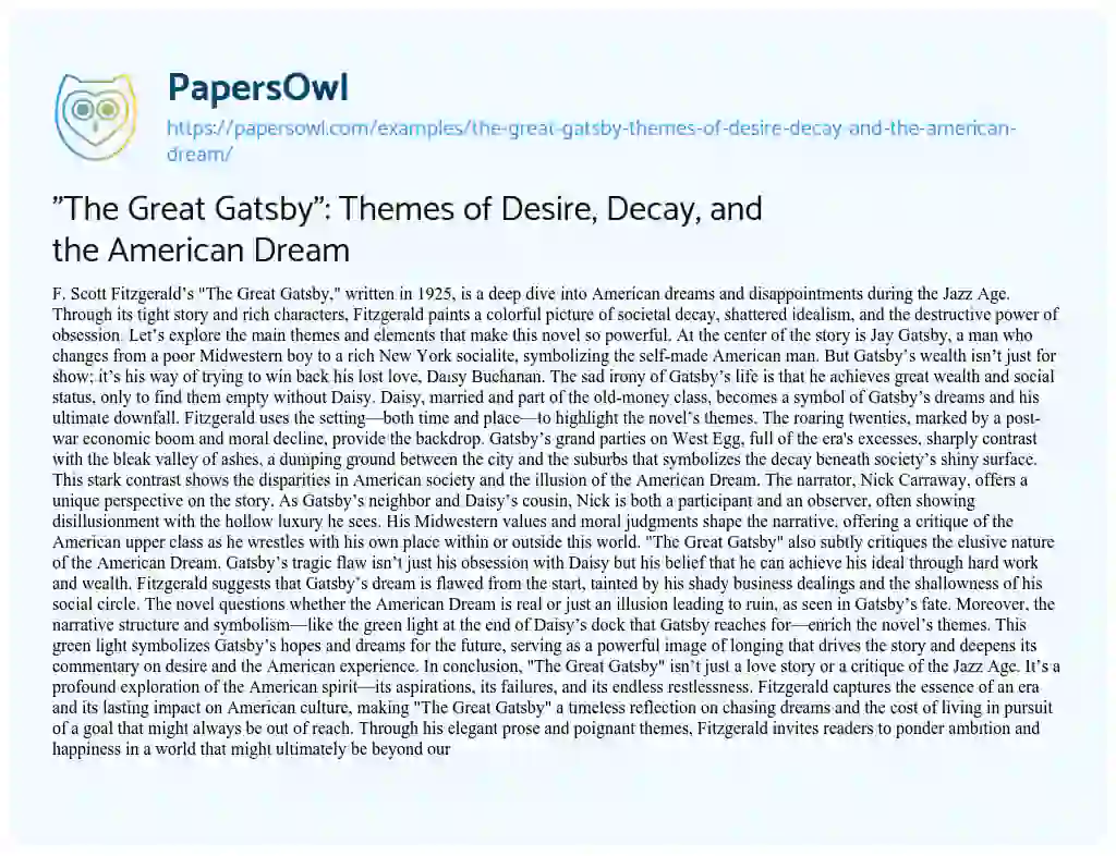 Essay on “The Great Gatsby”: Themes of Desire, Decay, and the American Dream