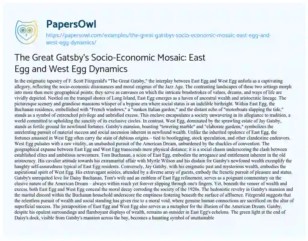 Essay on The Great Gatsby’s Socio-Economic Mosaic: East Egg and West Egg Dynamics
