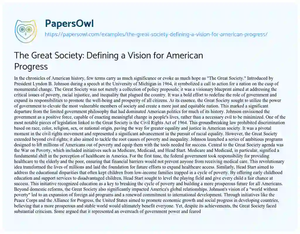 Essay on The Great Society: Defining a Vision for American Progress