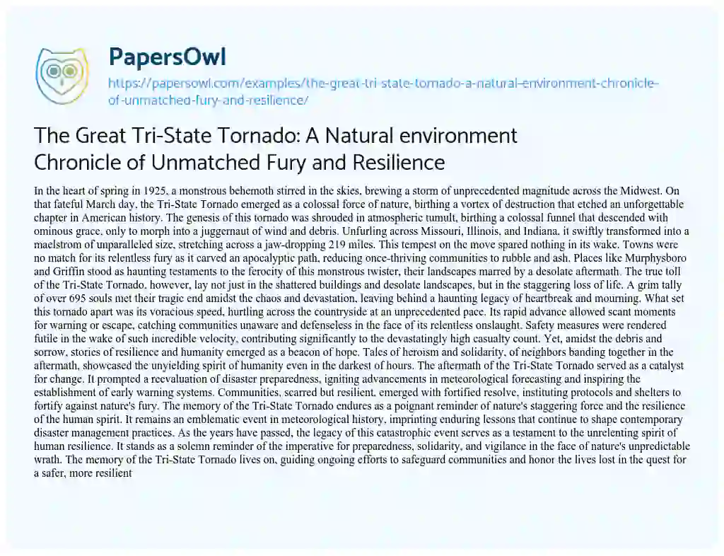 Essay on The Great Tri-State Tornado: a Natural Environment Chronicle of Unmatched Fury and Resilience