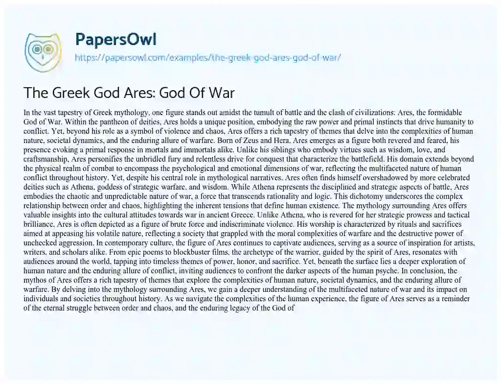 Essay on The Greek God Ares: God of War